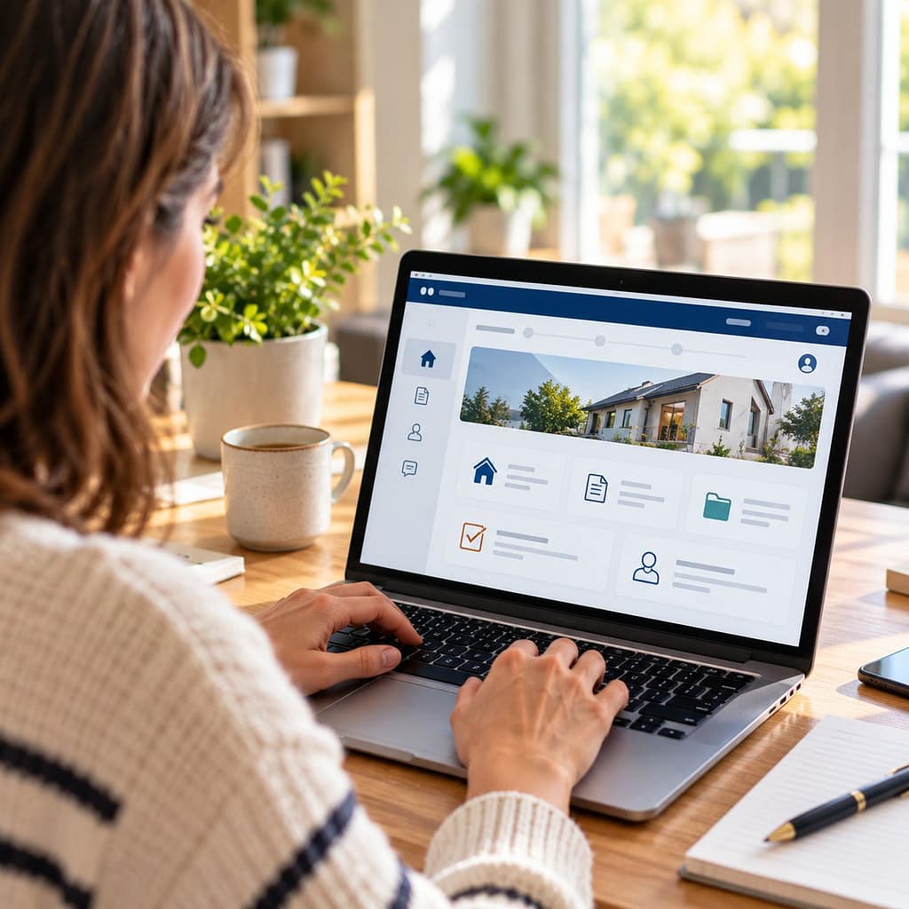 Femme qui se connecte à son espace en ligne de demande d'aides à la rénovation sur un ordinateur portable